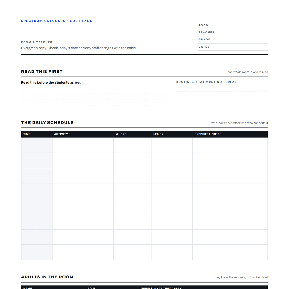 Free special education sub plans template cover showing the printable page