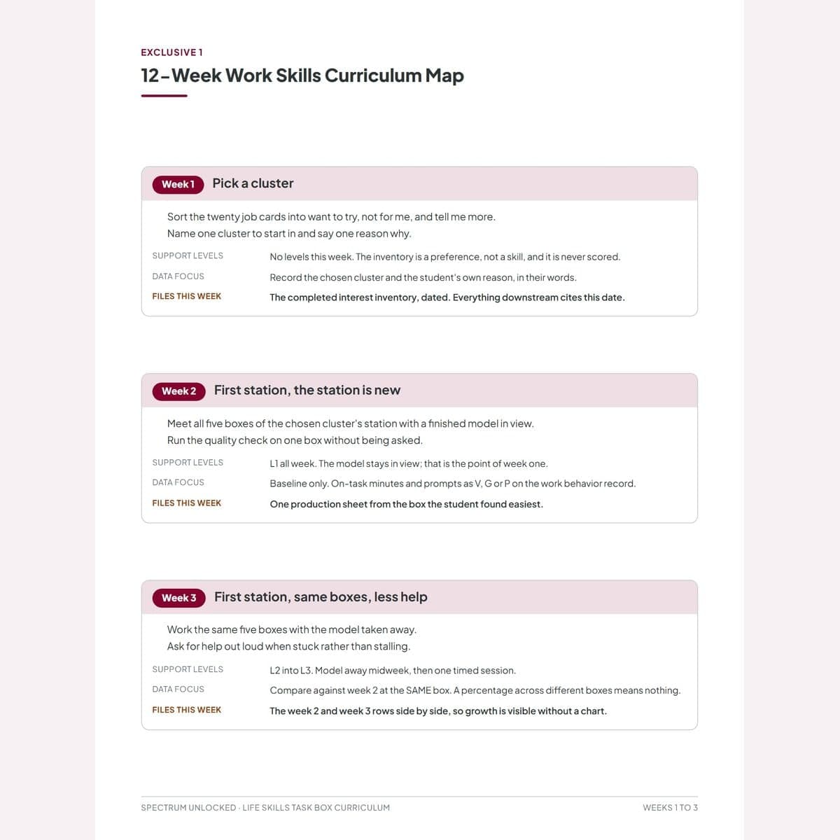 The 12-week curriculum map: three weeks per page, each naming objectives, support levels, the data focus and the page that gets filed
