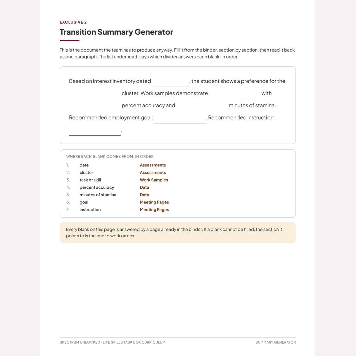 The Transition Summary Generator: one fill-in paragraph, with a list underneath saying which binder divider answers each blank