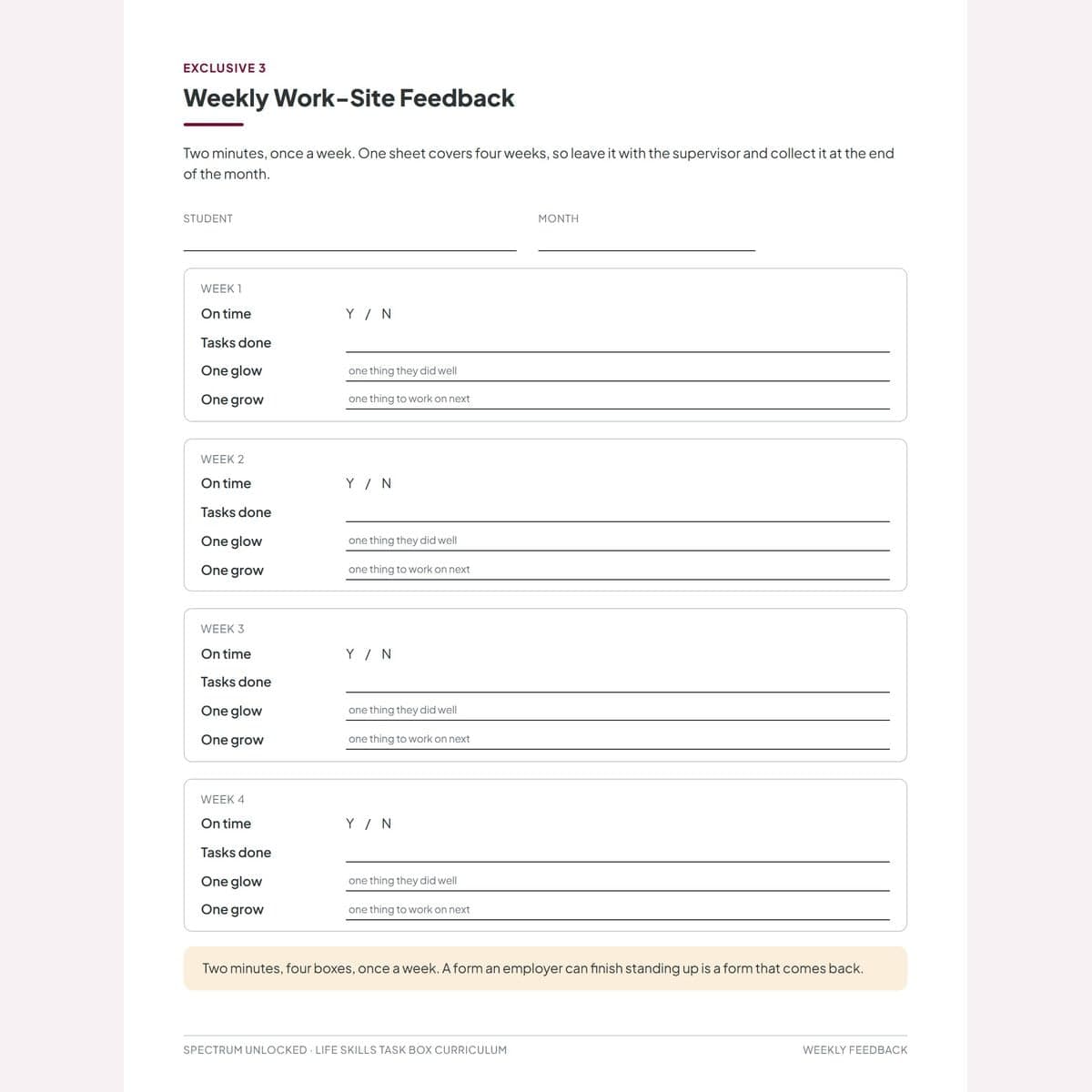 The employer pack: the weekly work-site feedback form with on time, tasks done, one glow and one grow
