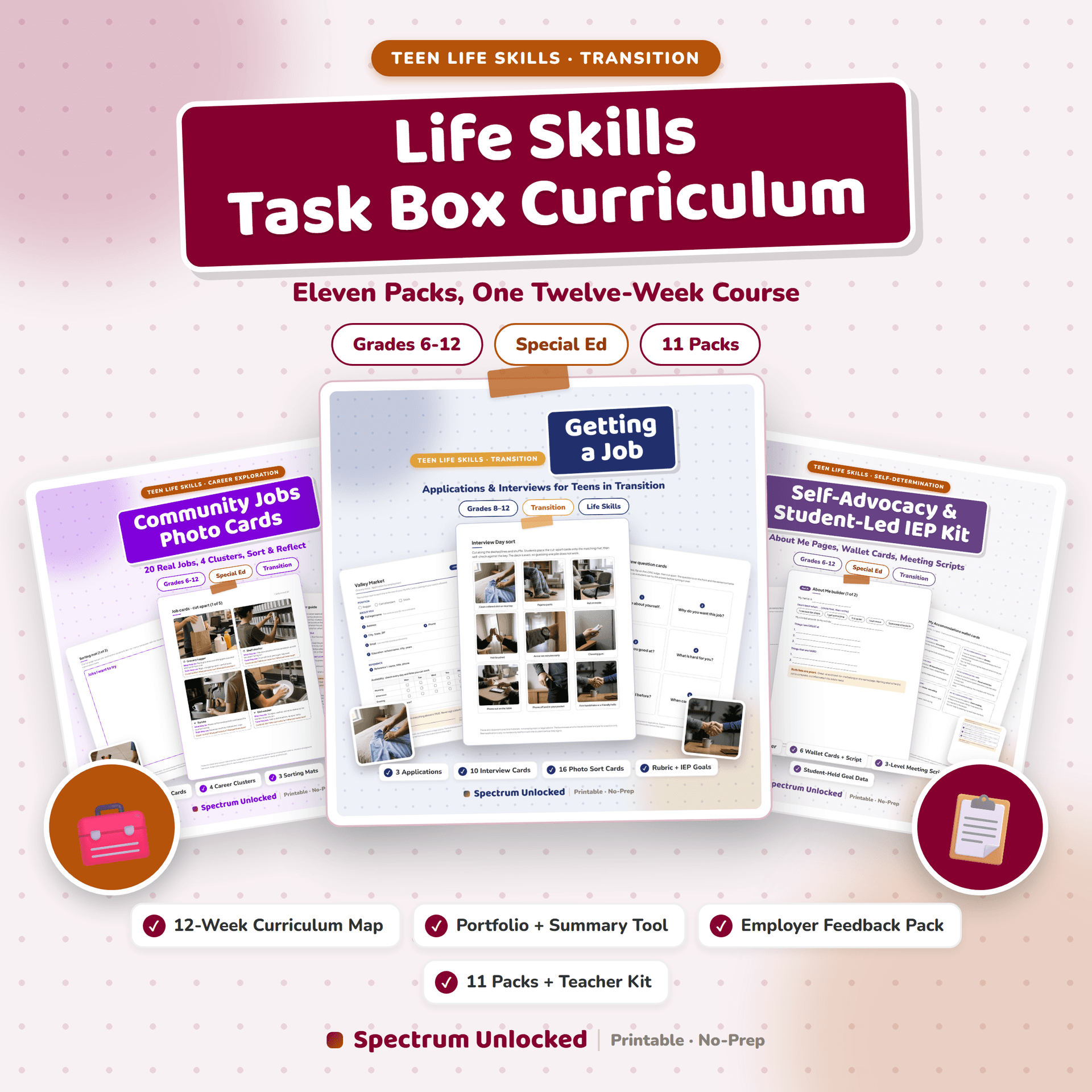Life Skills Task Box Curriculum cover: three of the pack covers fanned, Getting a Job in front