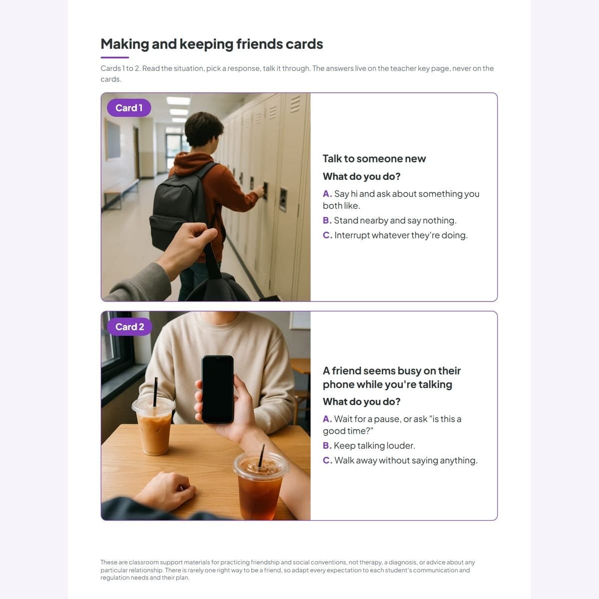 Friendship scenario cards from the free sample, each with a photo, a situation and three lettered responses