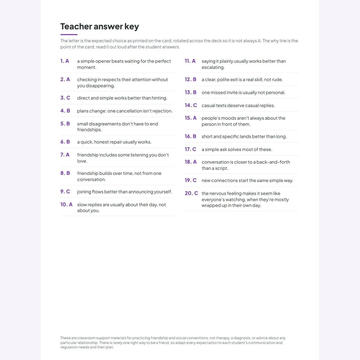 The teacher answer key, with the correct response and the why line for each card