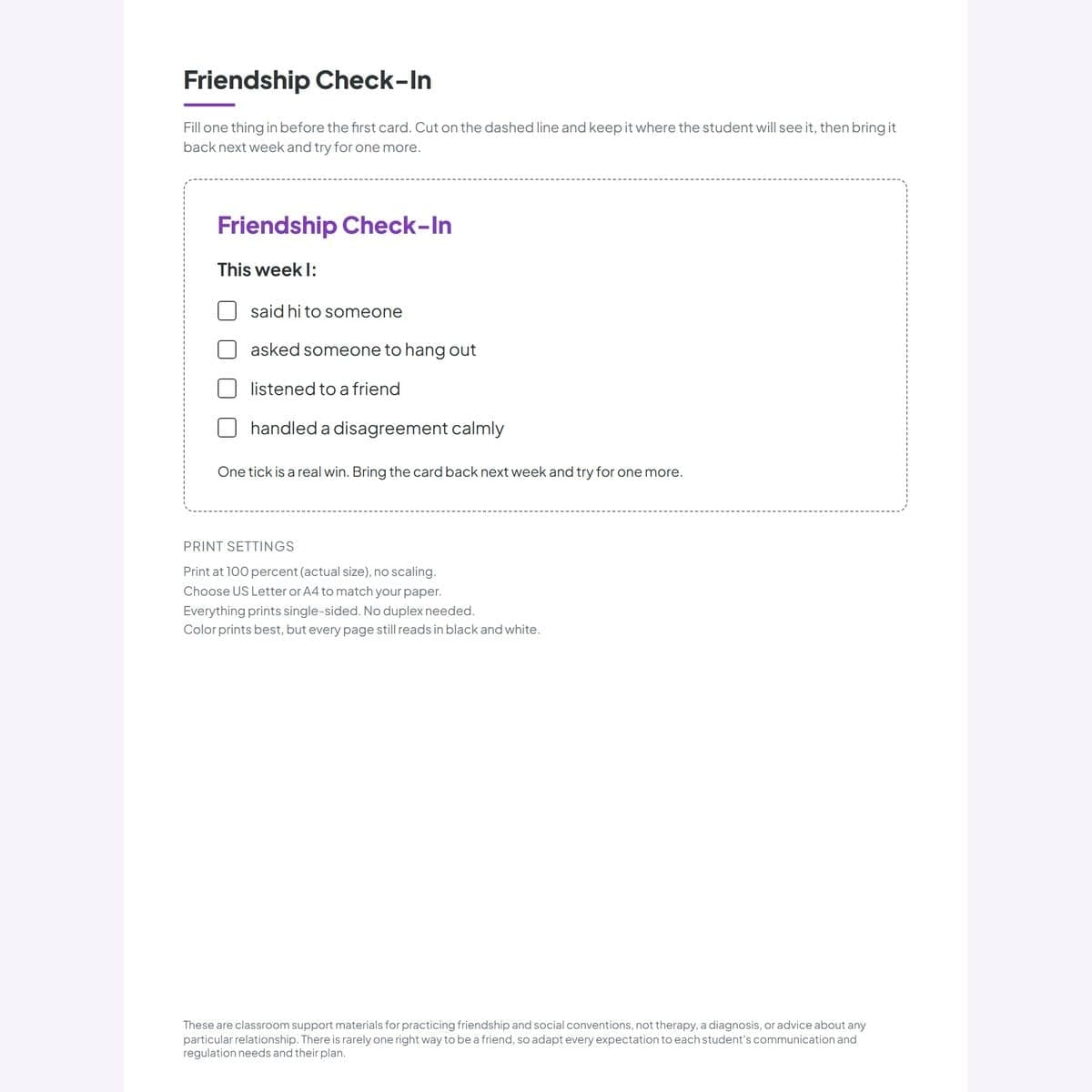 The Friendship Check-In companion card, a weekly habit the student ticks off