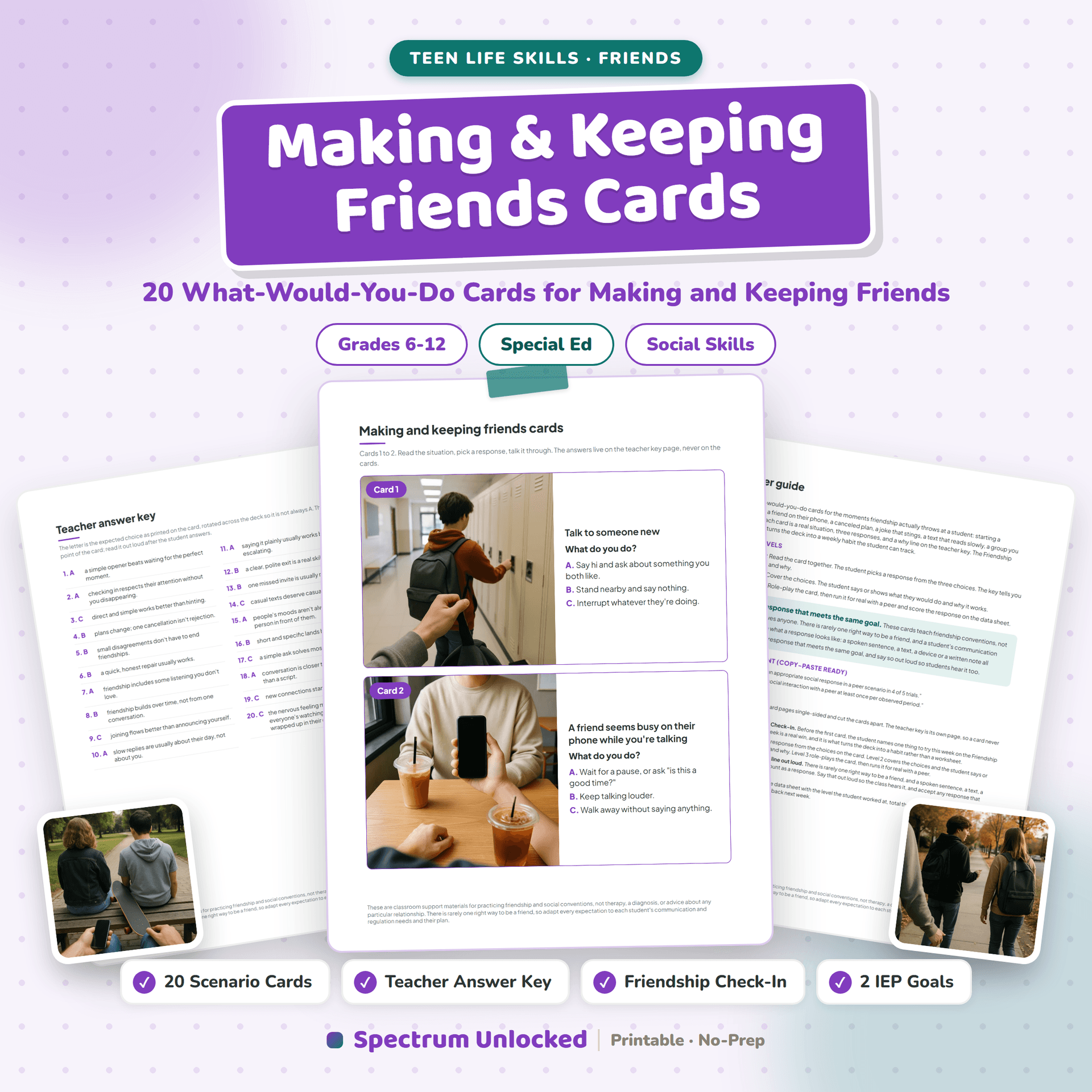 Social Skills Worksheets for Teens: Making and Keeping Friends Scenario Cards cover, showing a friendship scenario card, the teacher key and the Friendship Check-In card