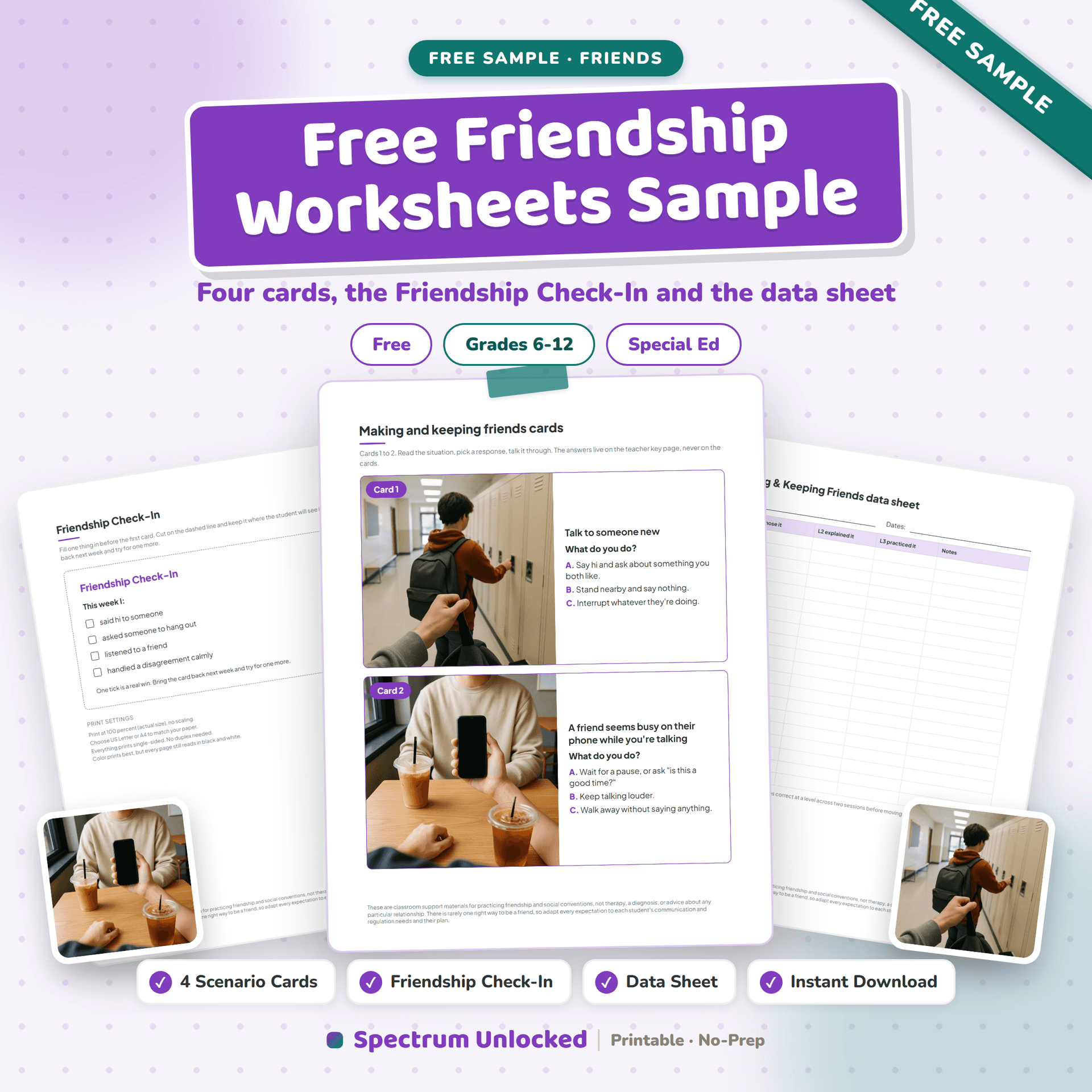 Free Friendship Worksheets for Teens sample cover, showing a friendship scenario card and the Friendship Check-In card