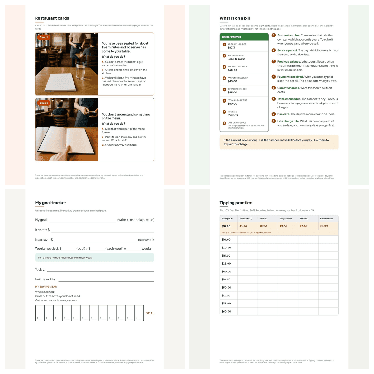 The four packs in the Money and Restaurant Bundle for Teens shown two by two: restaurant scenario cards, a labeled mock bill, the savings goal tracker and the tipping practice sheet