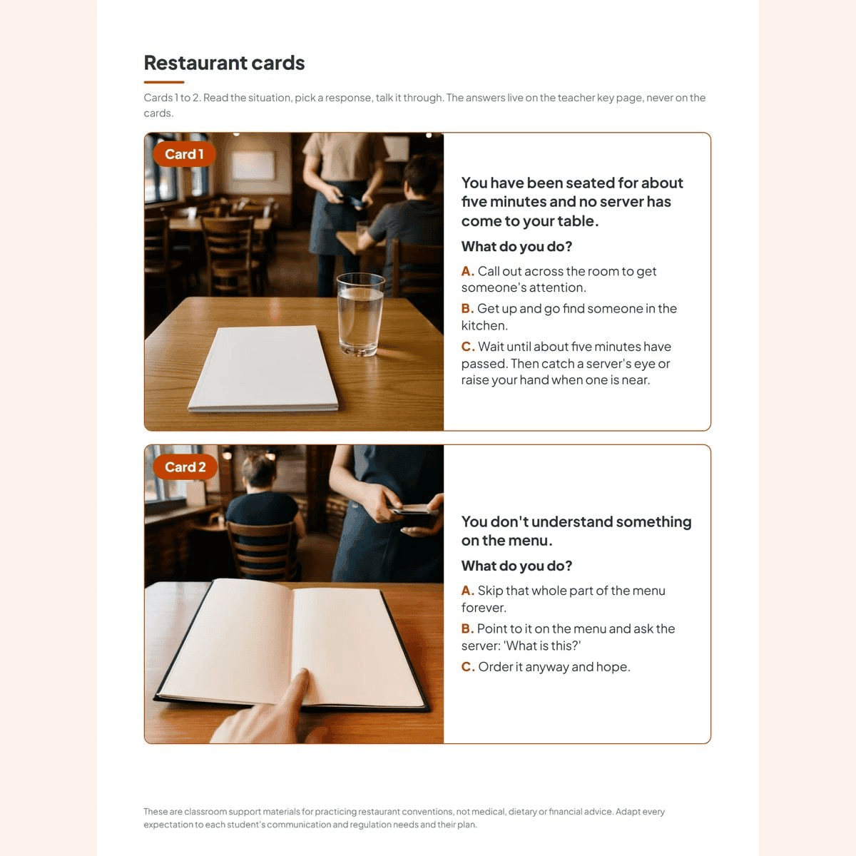 A page of two restaurant scenario cards from the bundle, each with a photo, a situation and three lettered responses