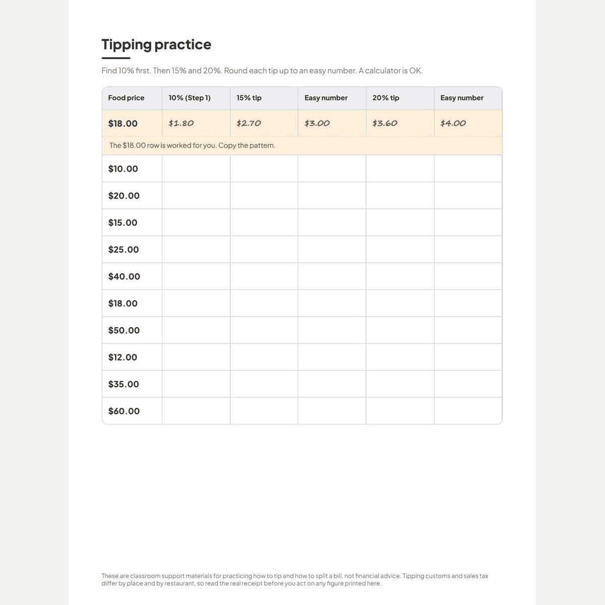 The tipping practice sheet from the bundle, with the easy number to leave beside each bill