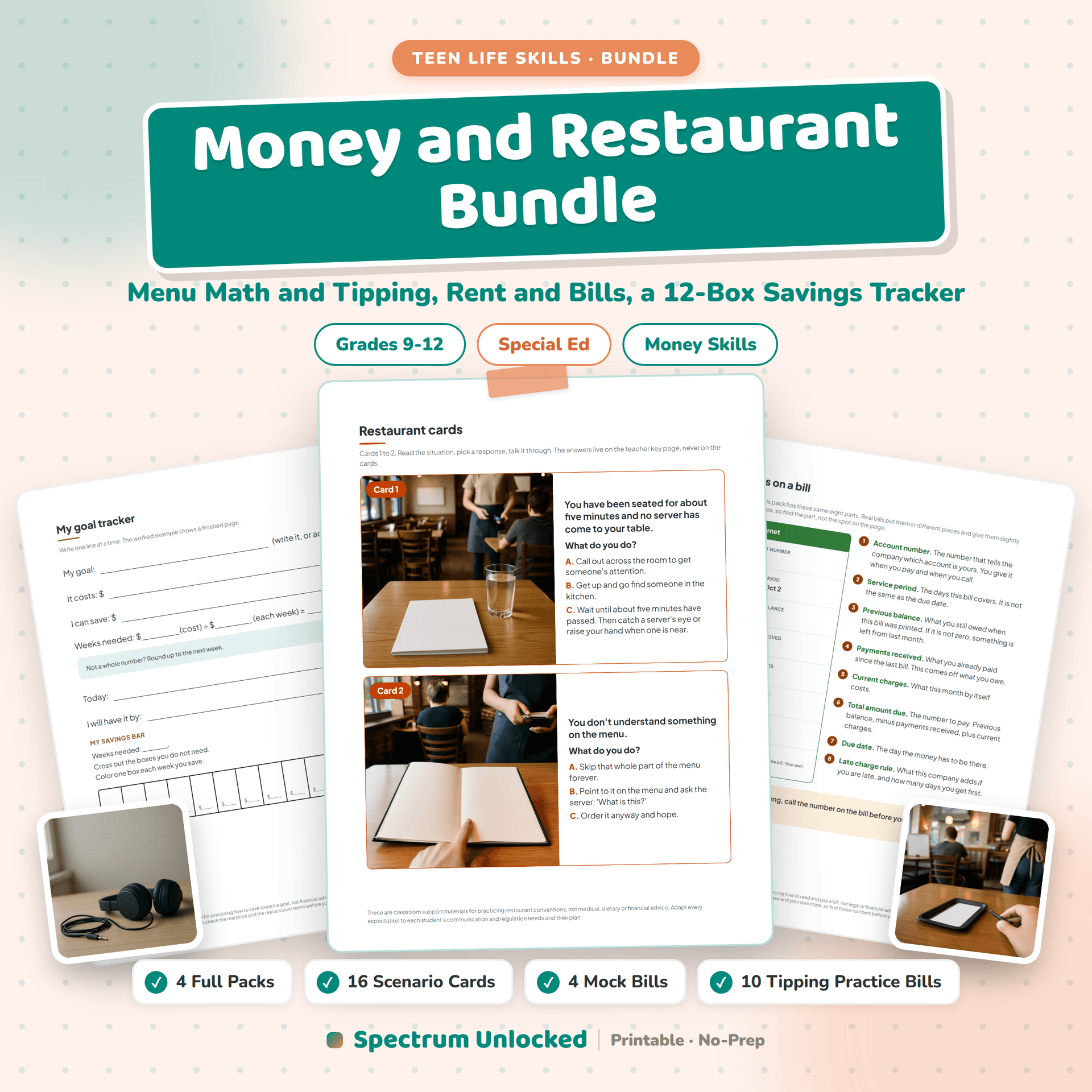 Money and Restaurant Bundle for Teens cover, showing the four packs included: restaurant scenario cards with menu math, rent and bills, saving for a goal, and tipping and splitting bills