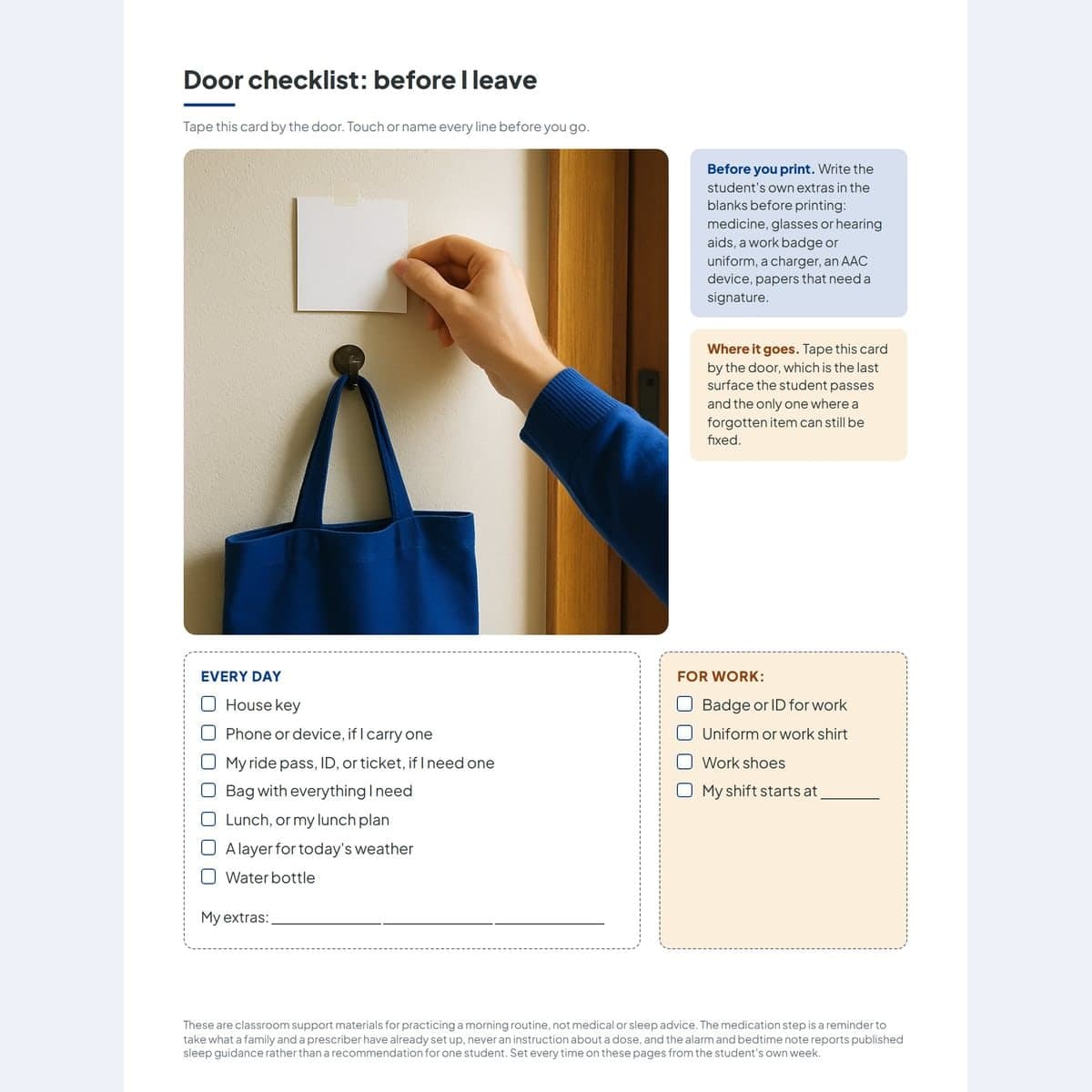 The door checklist with its write-in blanks and the for-work column