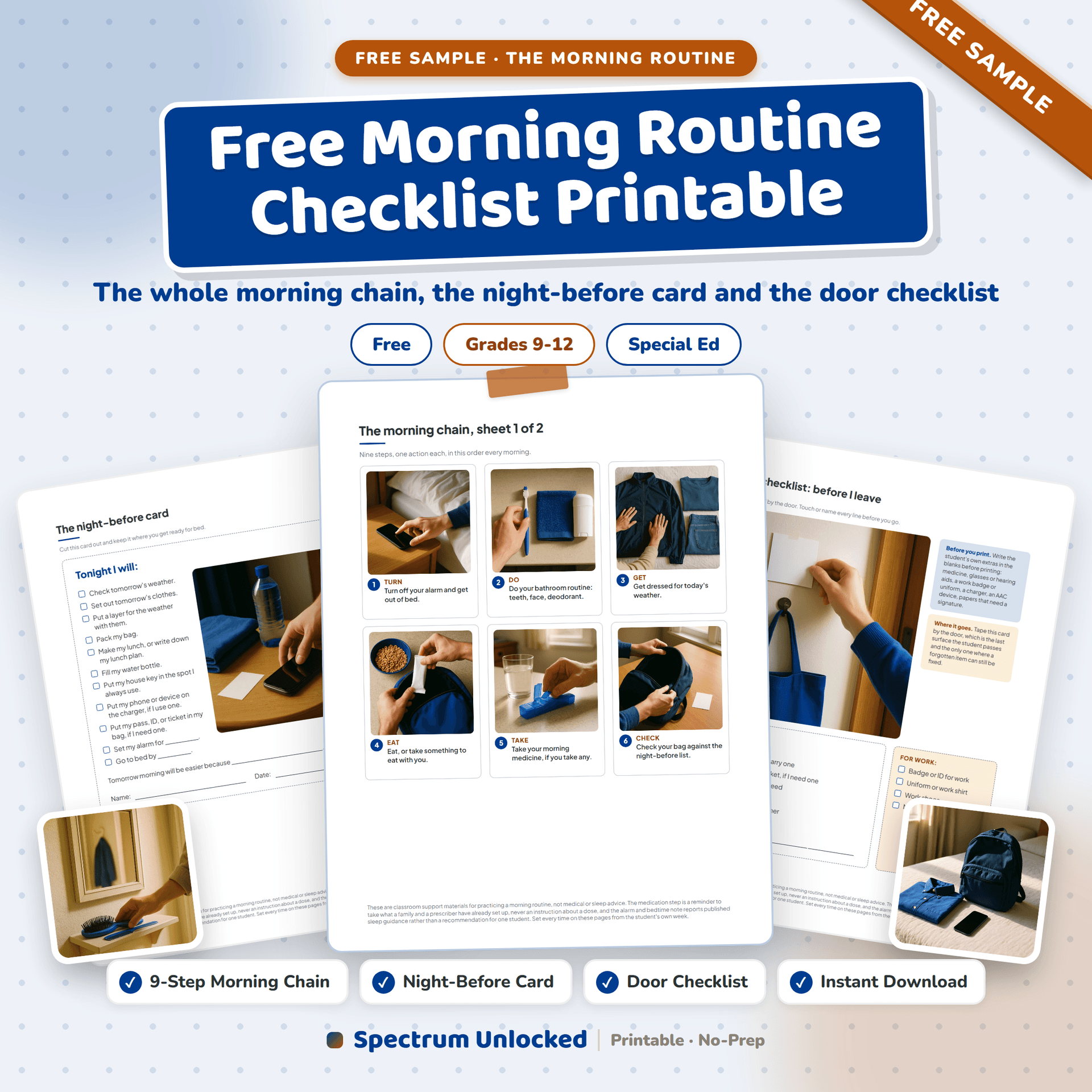 Free Morning Routine Checklist for Teens sample cover, showing the morning chain and the door checklist