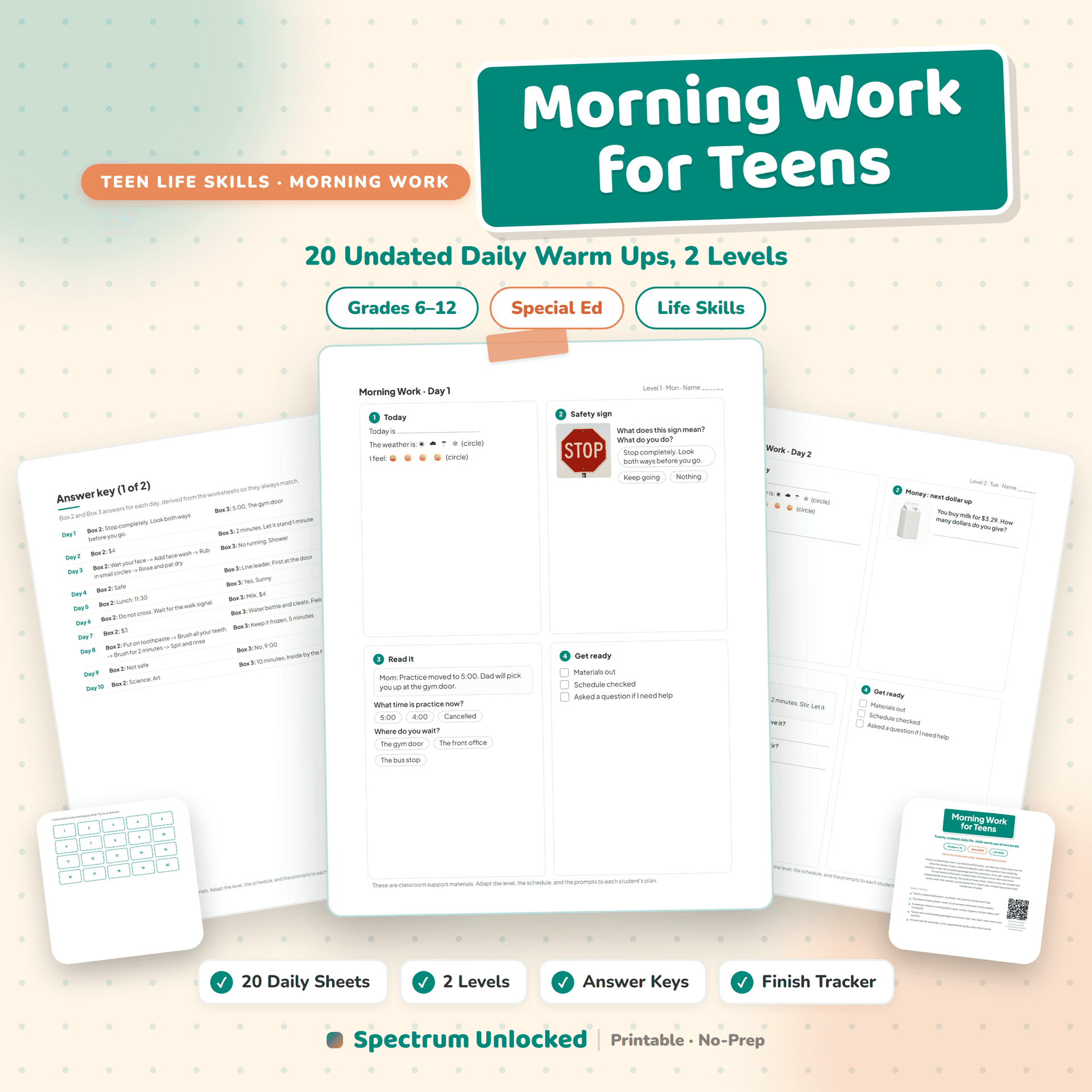 Morning Work for Teens cover, twenty undated daily warm ups at two levels, with answer keys and a finish tracker