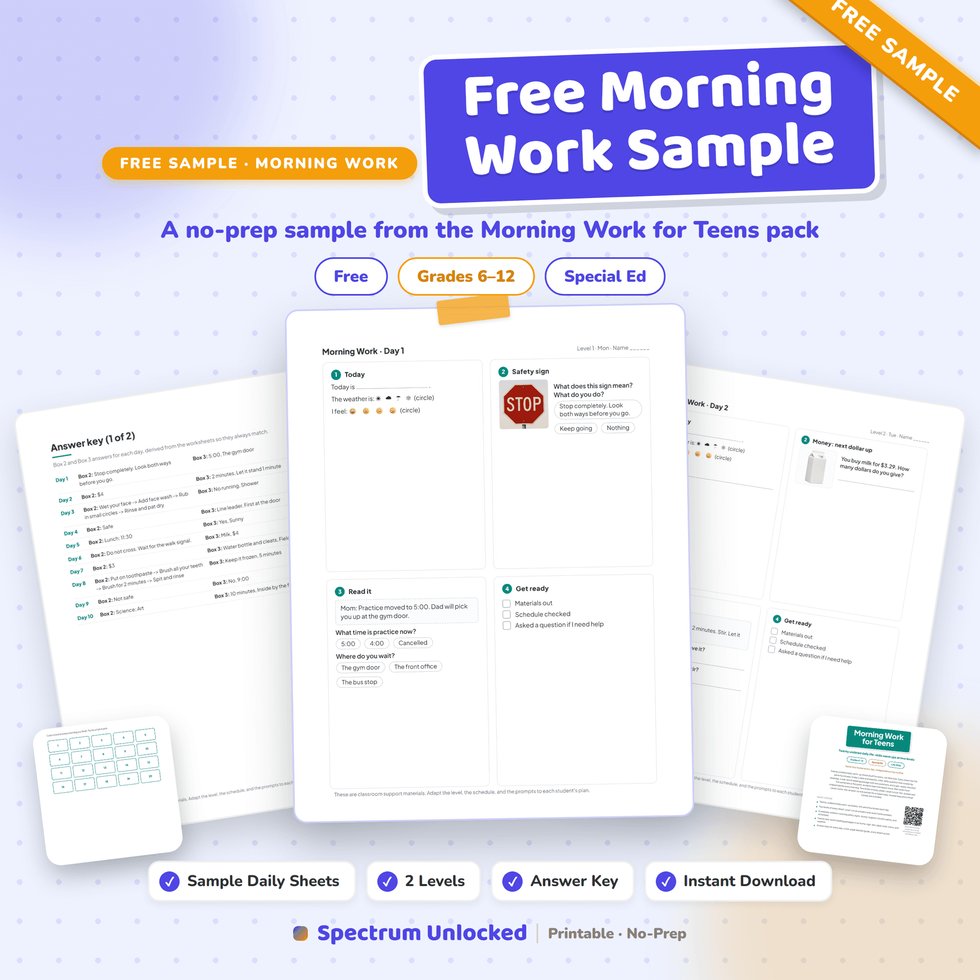Morning Work for Teens with Autism: Weeks 1-4 free sample preview