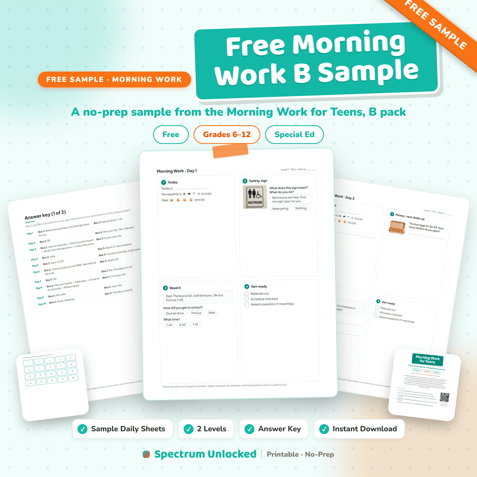 Morning Work for Teens with Autism: Weeks 5-8 free sample preview