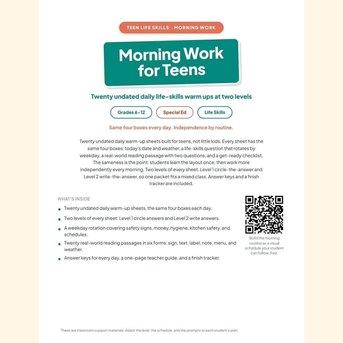 The Morning Work for Teens, Weeks 9-12 cover with the what-is-inside list and a QR code to the free visual schedule tool