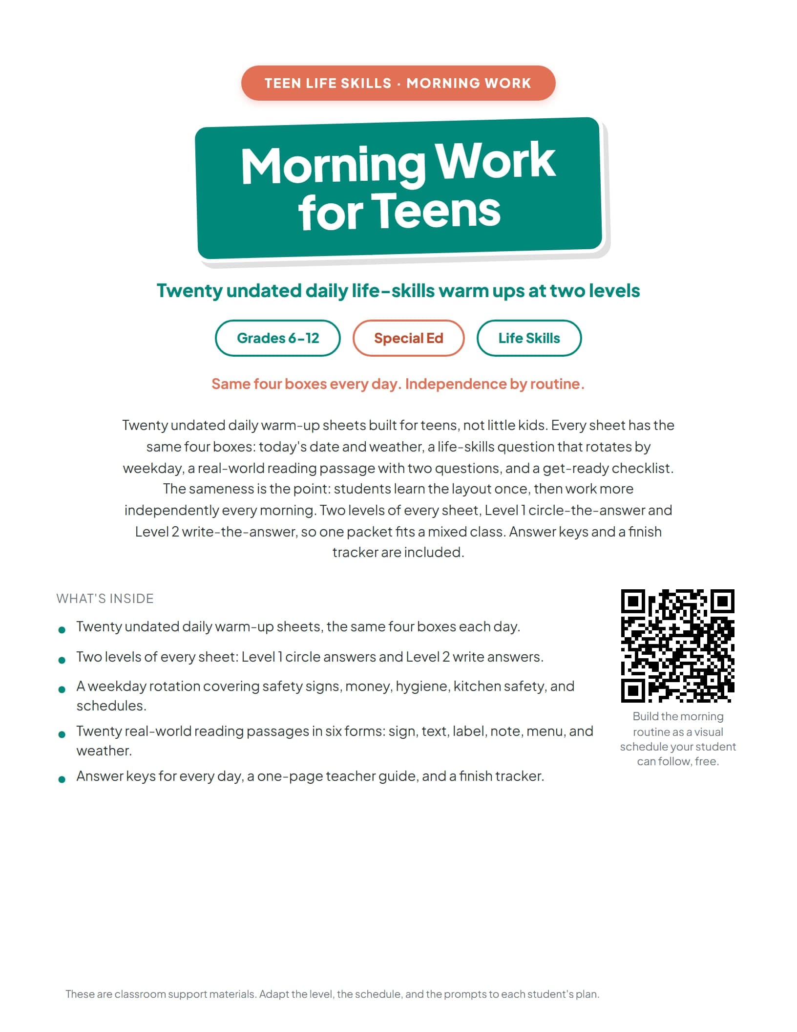 The Morning Work for Teens, Packet C cover with the what-is-inside list and a QR code to the free visual schedule tool
