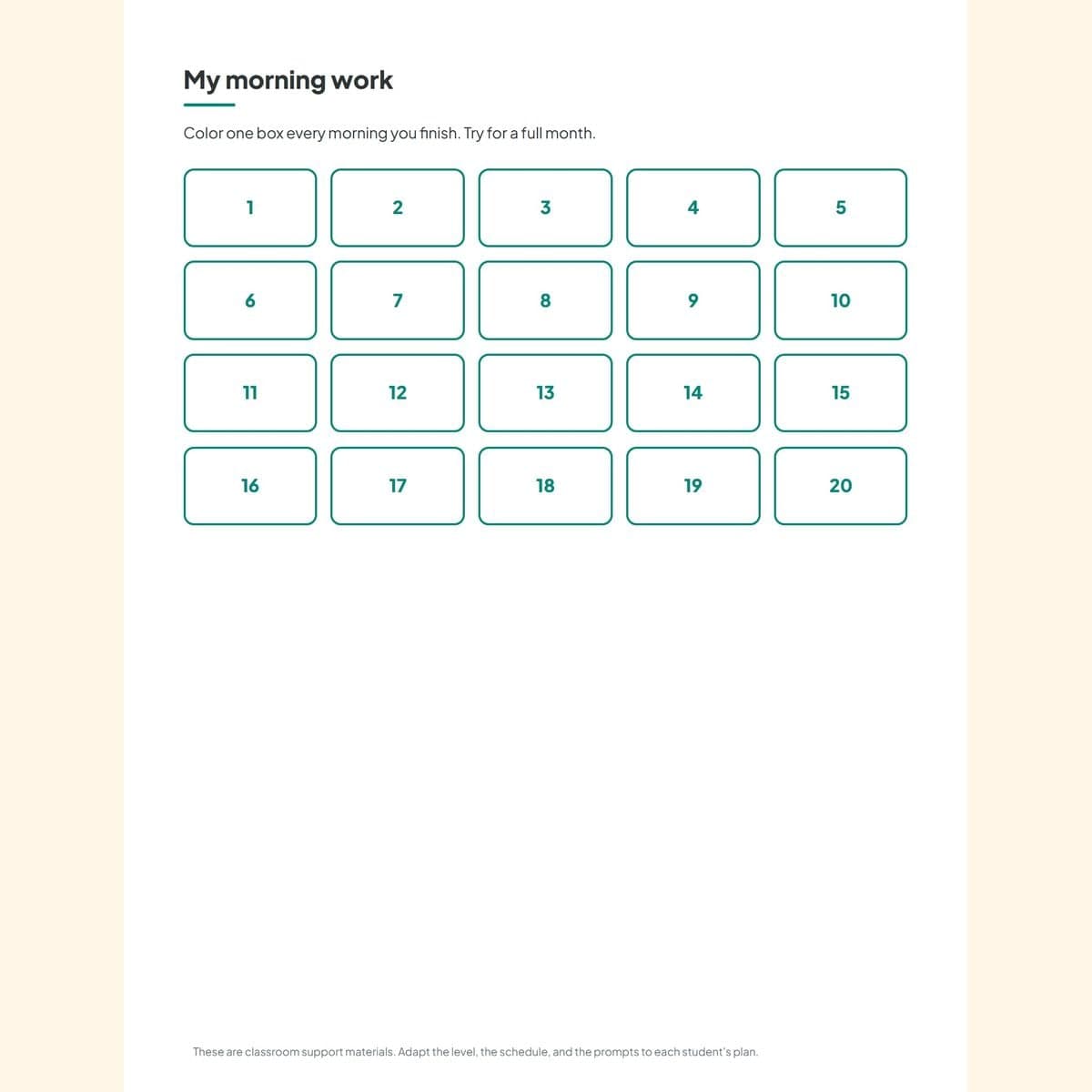 The finish tracker where a student colors one box for every morning they complete