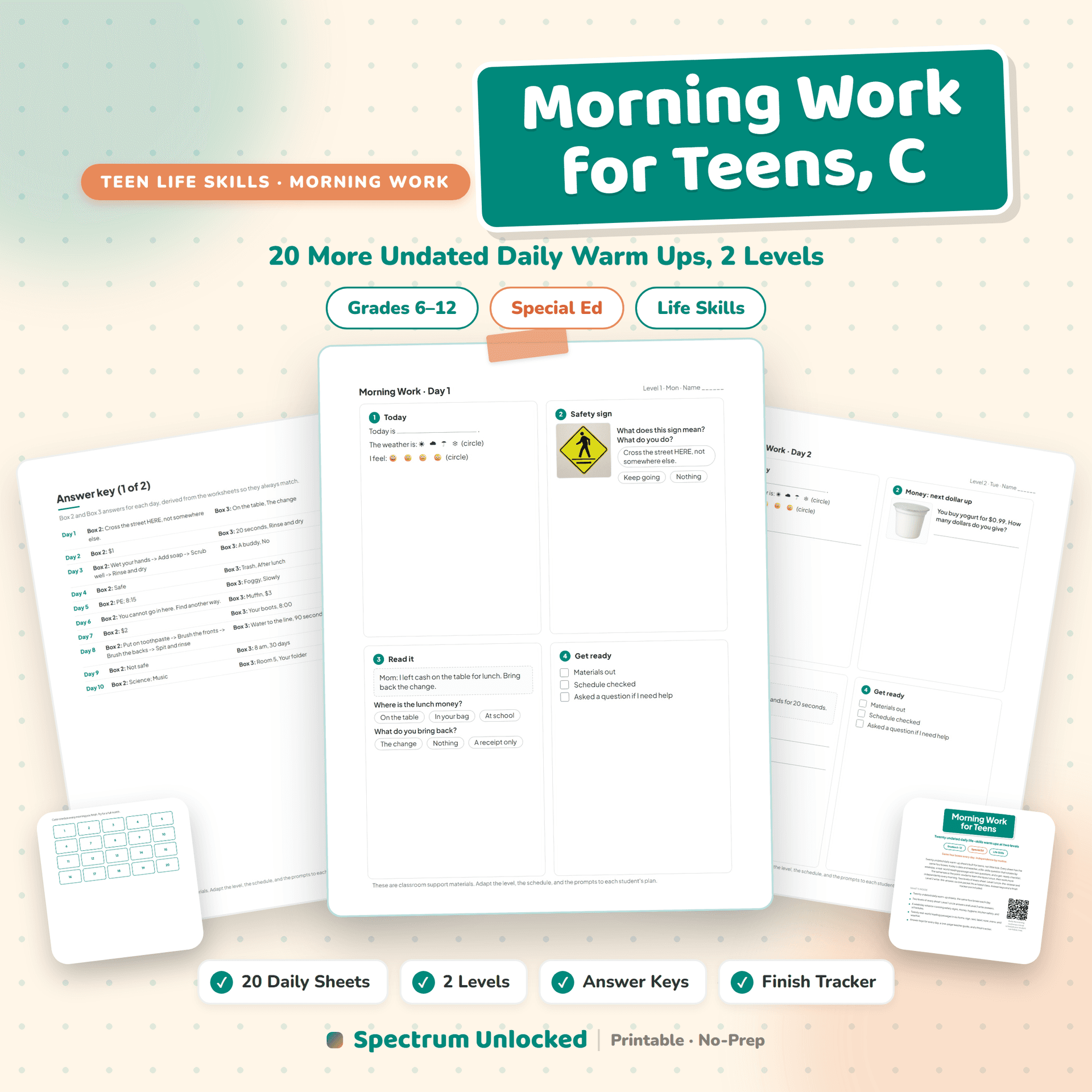 Morning Work for Teens Packet C cover, twenty more undated daily warm ups at two levels, with answer keys and a finish tracker