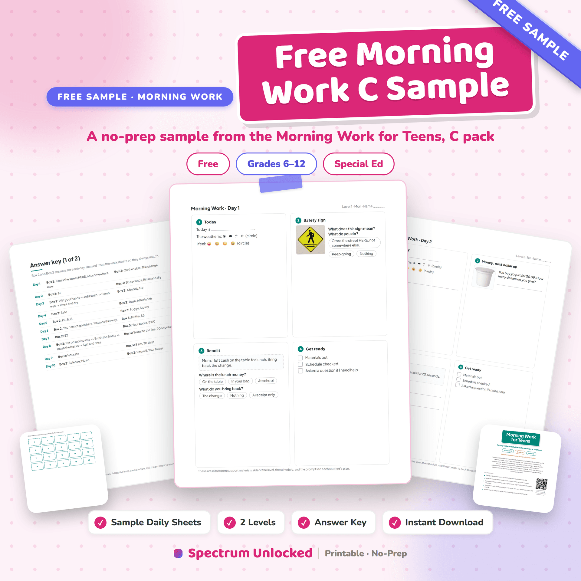 Morning Work for Teens with Autism: Weeks 9-12 free sample preview