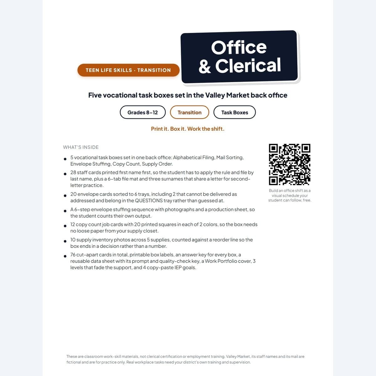 Job Skills Task Boxes: Office and Clerical cover showing the five vocational work bins for transition students