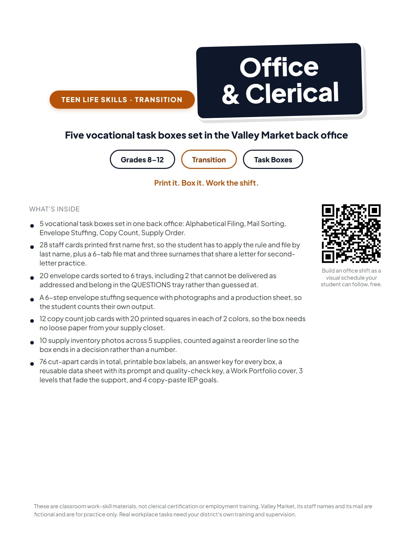 Job Skills Task Boxes: Office and Clerical cover showing the five vocational work bins for transition students