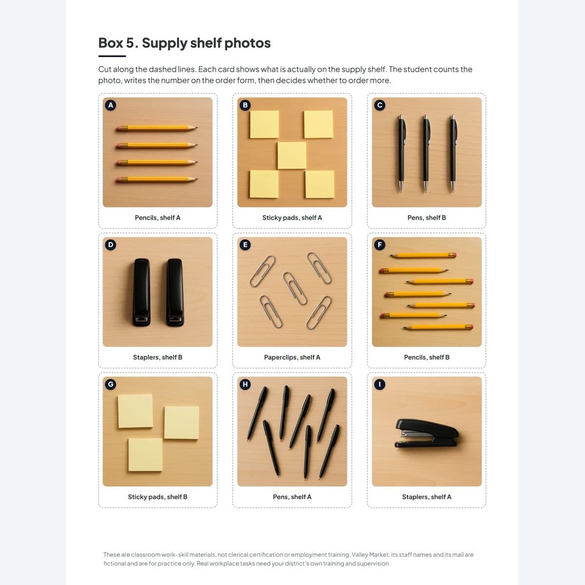 Supply inventory photo cards showing pencils, pens, paperclips, sticky pads and staplers at countable quantities