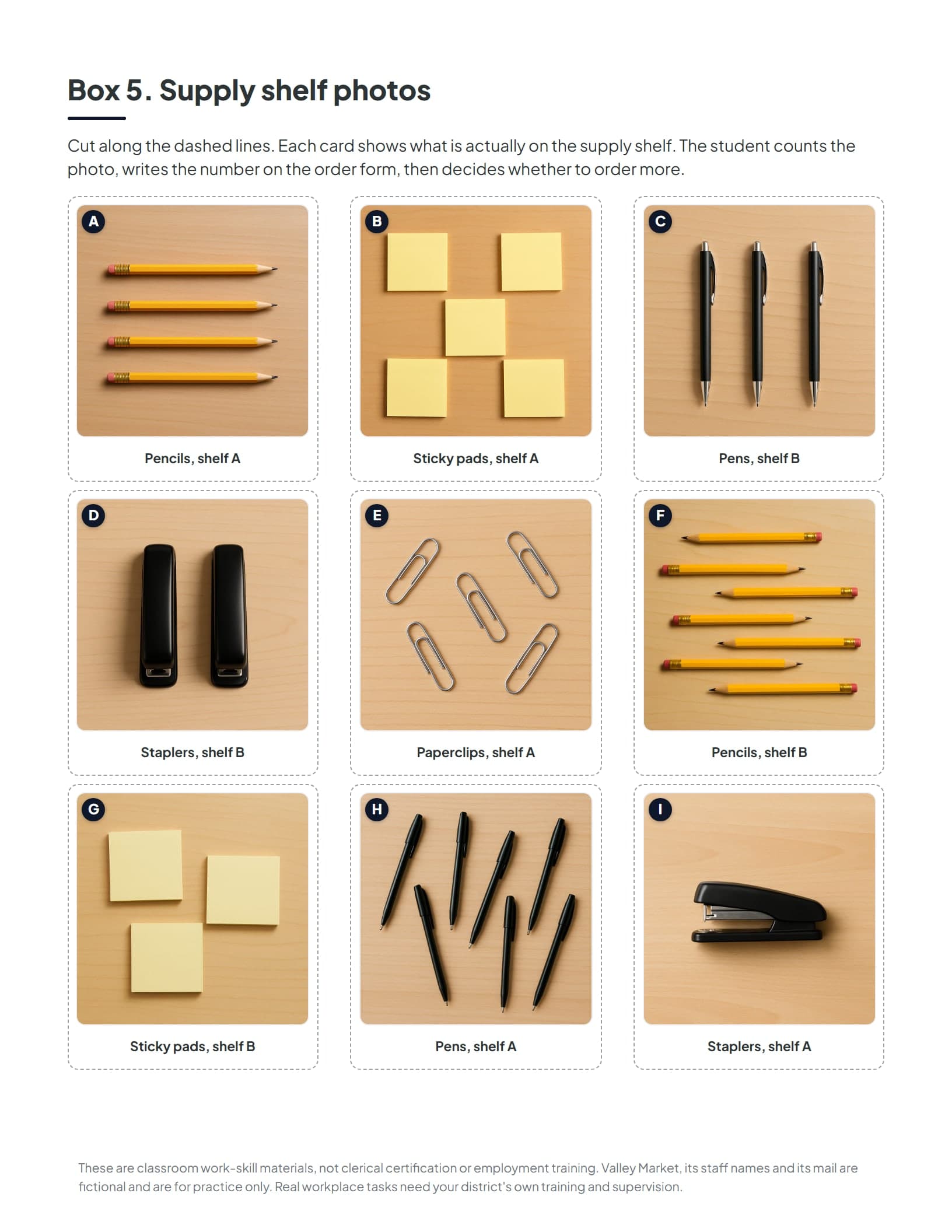 Supply inventory photo cards showing pencils, pens, paperclips, sticky pads and staplers at countable quantities