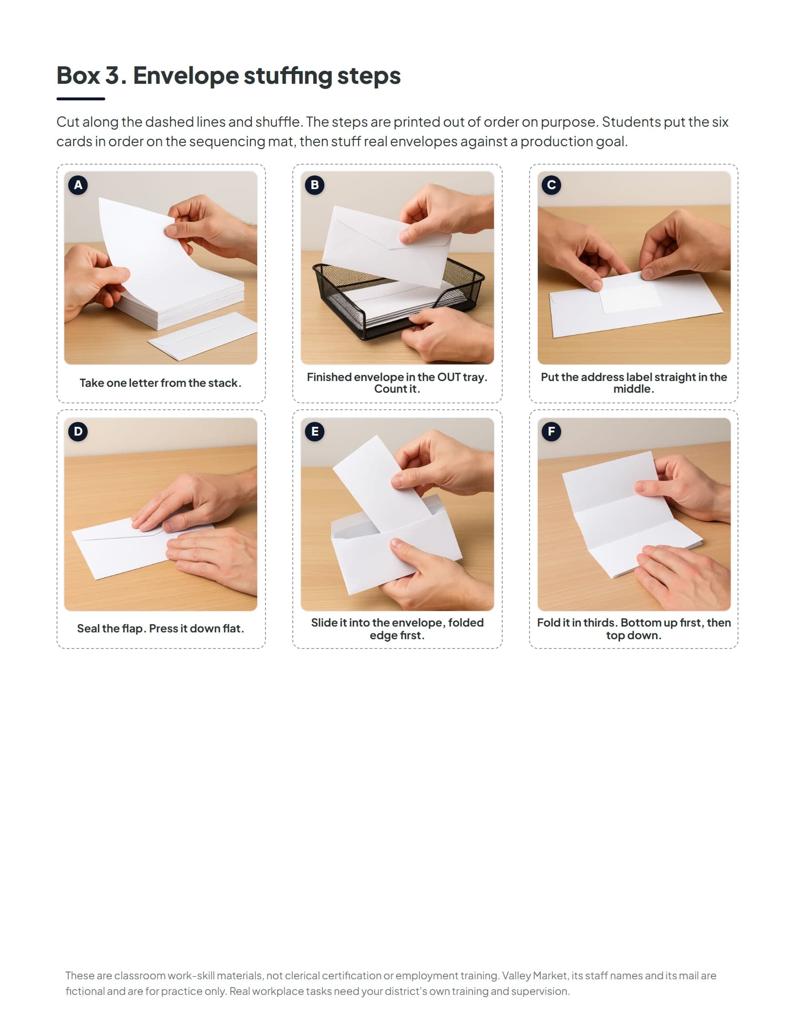 Six photographed envelope stuffing steps students put in order on the sequencing mat