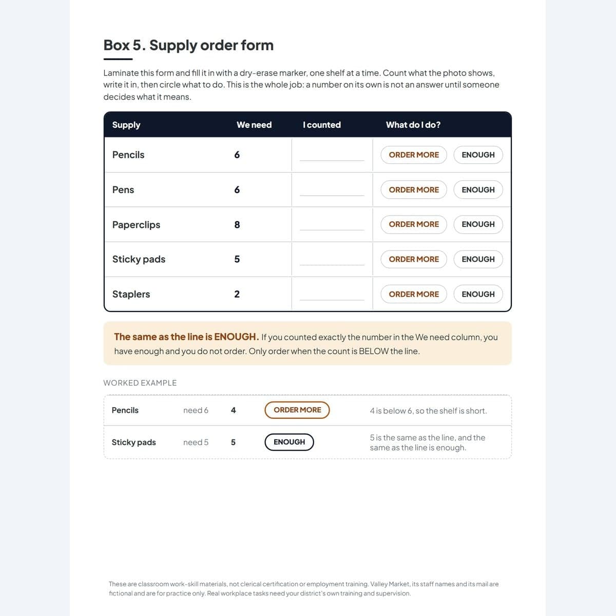 The supply order form where students write the count and circle ORDER MORE or ENOUGH
