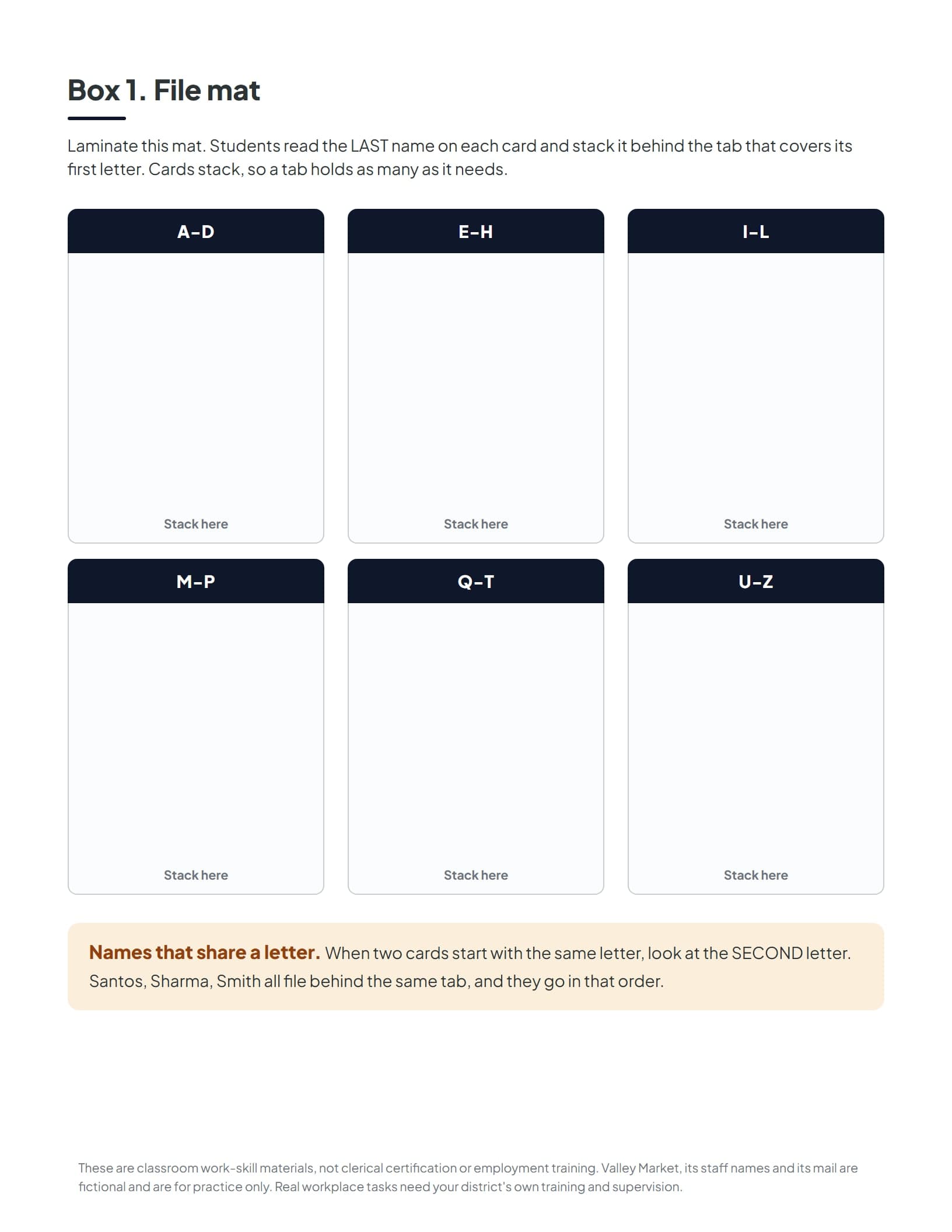 The six-tab file mat where students stack each staff card behind the tab covering its last name