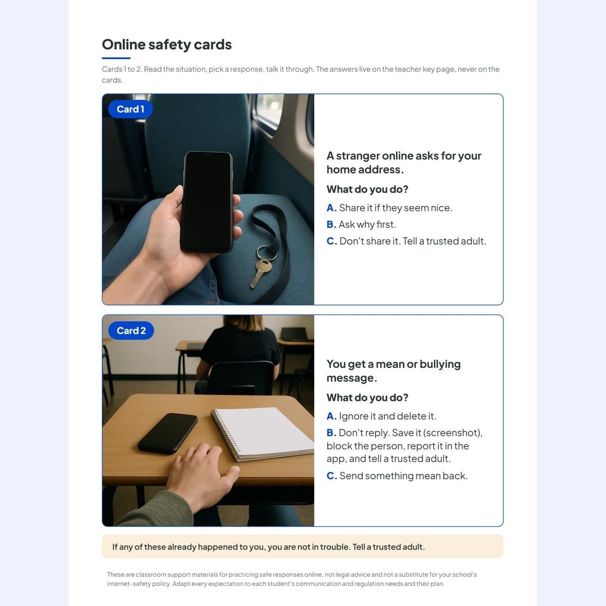 A page of four online safety scenario cards, each with a photo, a situation and three lettered responses, and the no-blame line at the foot