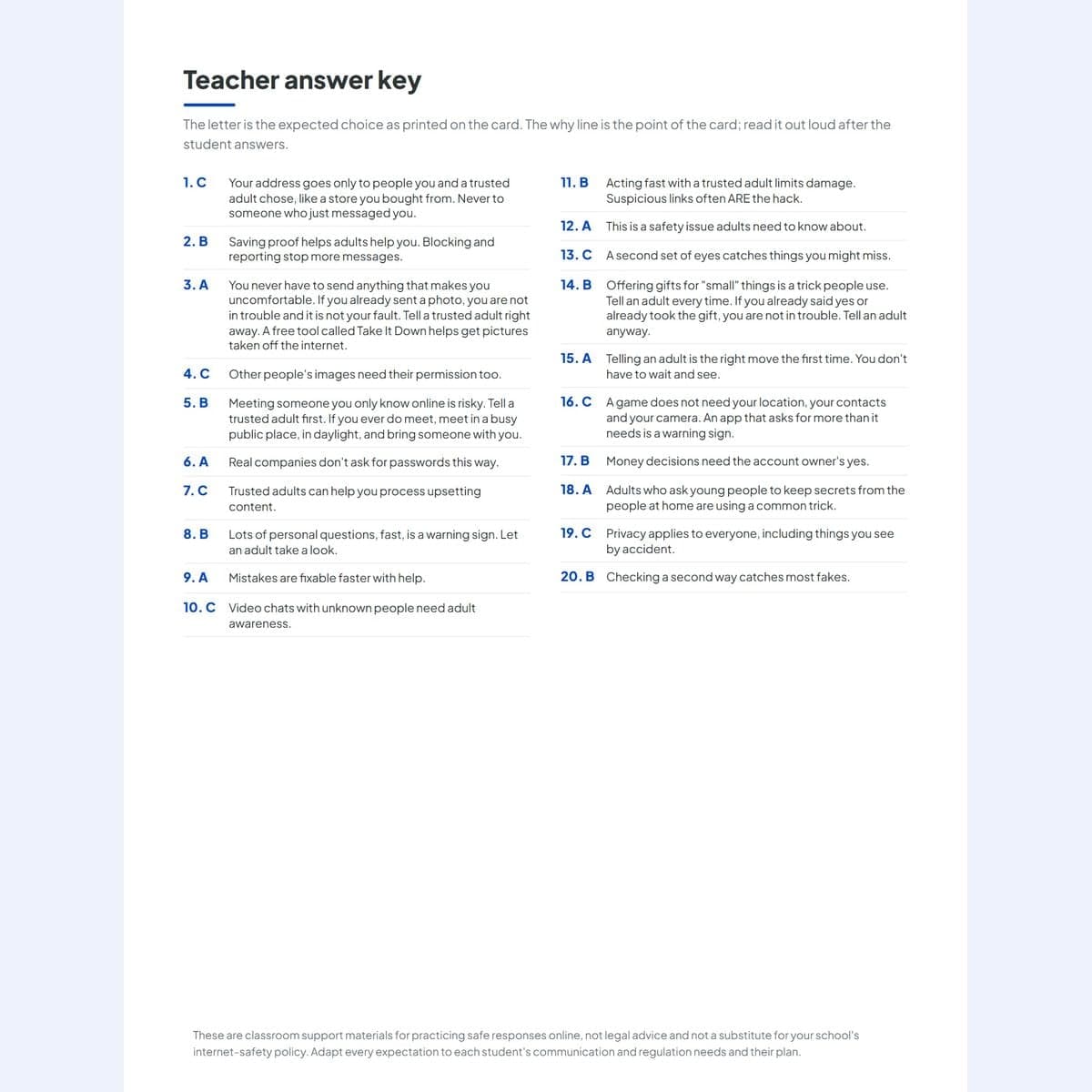The teacher answer key page listing every card with its expected choice and the why line