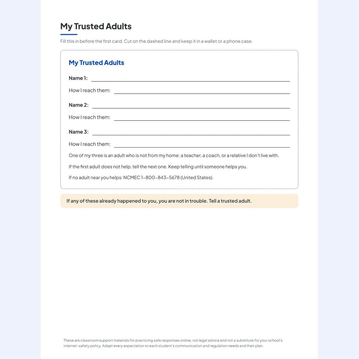 The My Trusted Adults wallet card page with three name slots and the keep-telling line