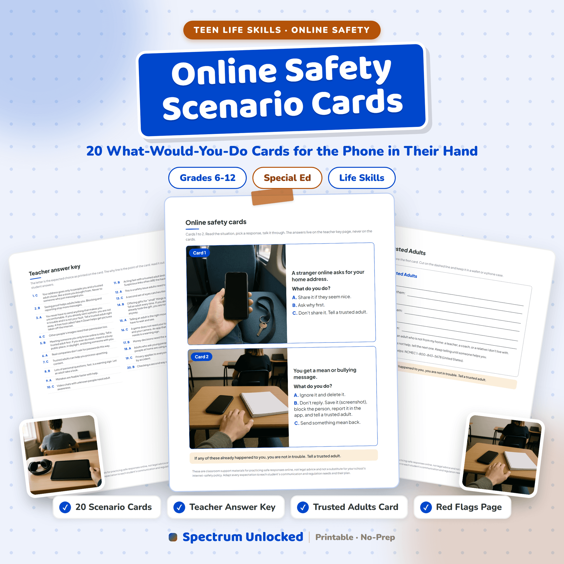 Online Safety Scenario Cards cover: twenty what-would-you-do cards for teens, choose it, explain it, show it