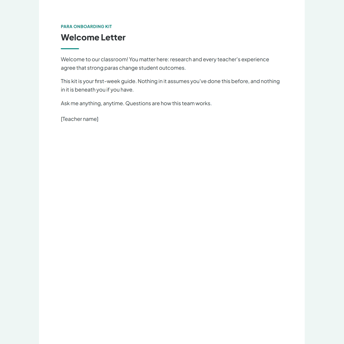 Overview of the ten-page paraprofessional onboarding kit
