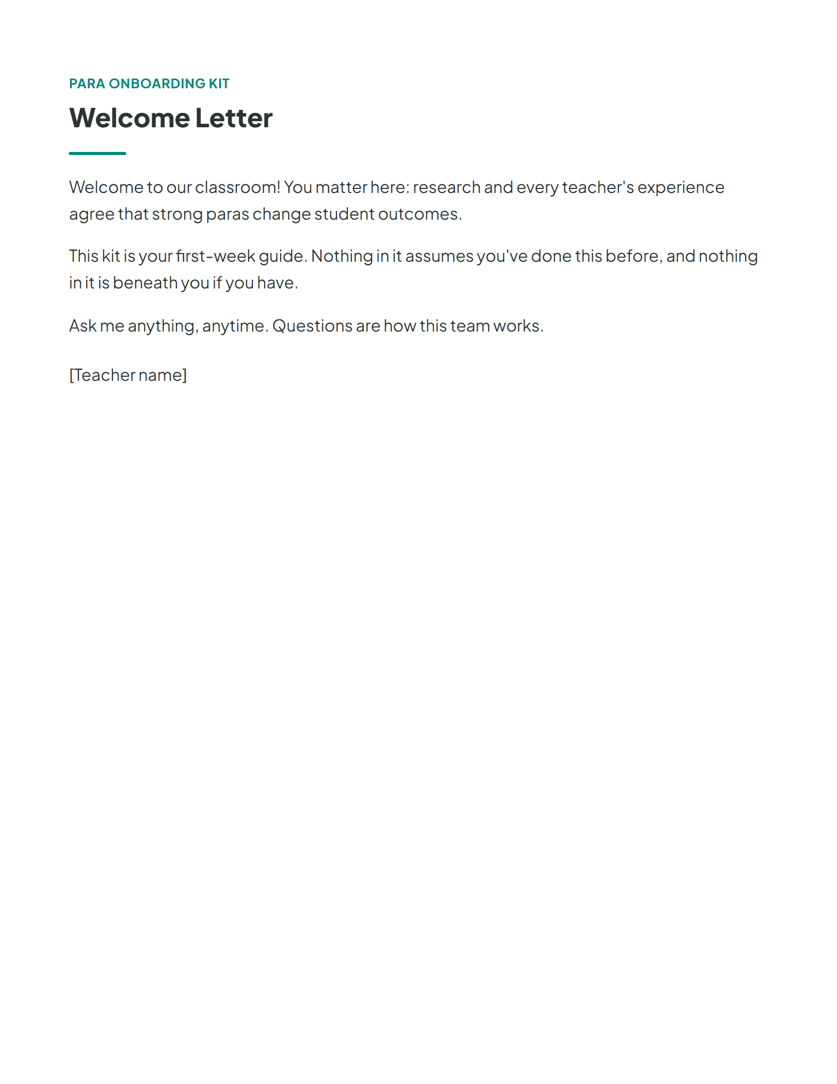 Overview of the ten-page paraprofessional onboarding kit