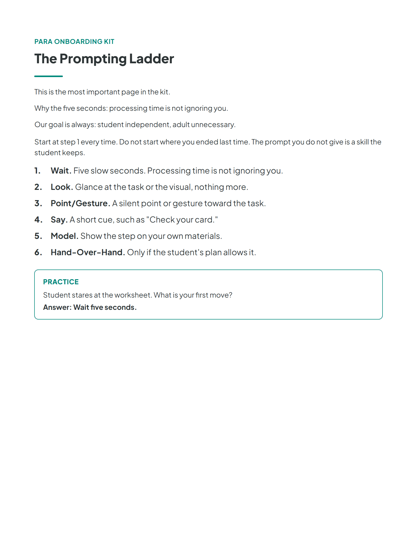 The prompting ladder page from the free onboarding sample