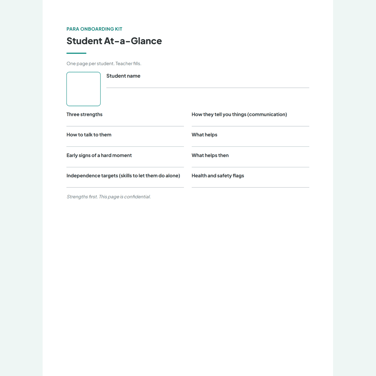 The student at-a-glance template from the onboarding kit