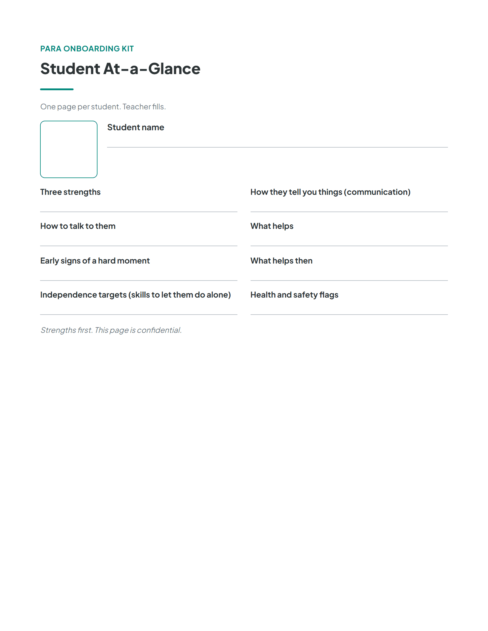 The student at-a-glance template from the onboarding kit