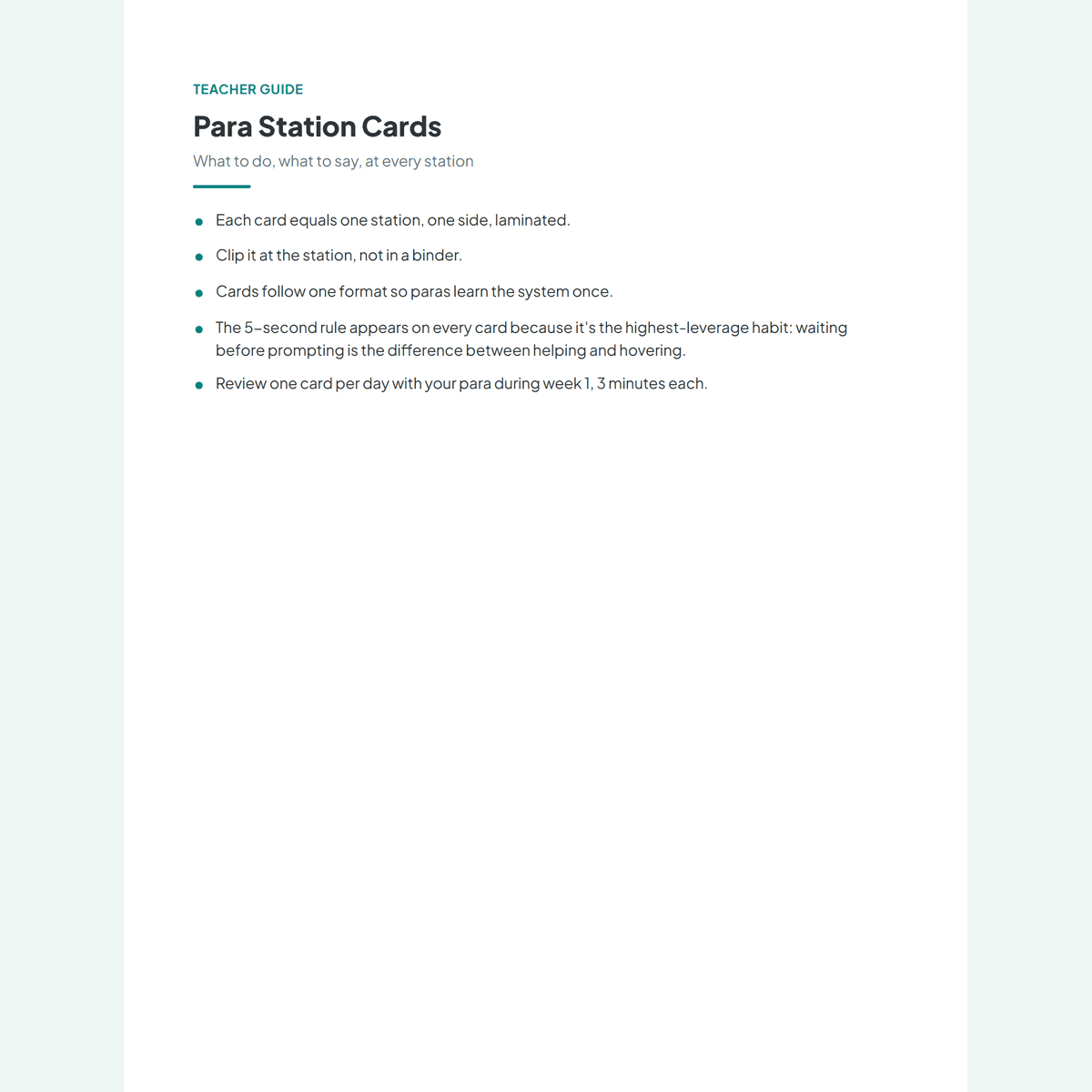 Overview of the twelve paraprofessional station cards