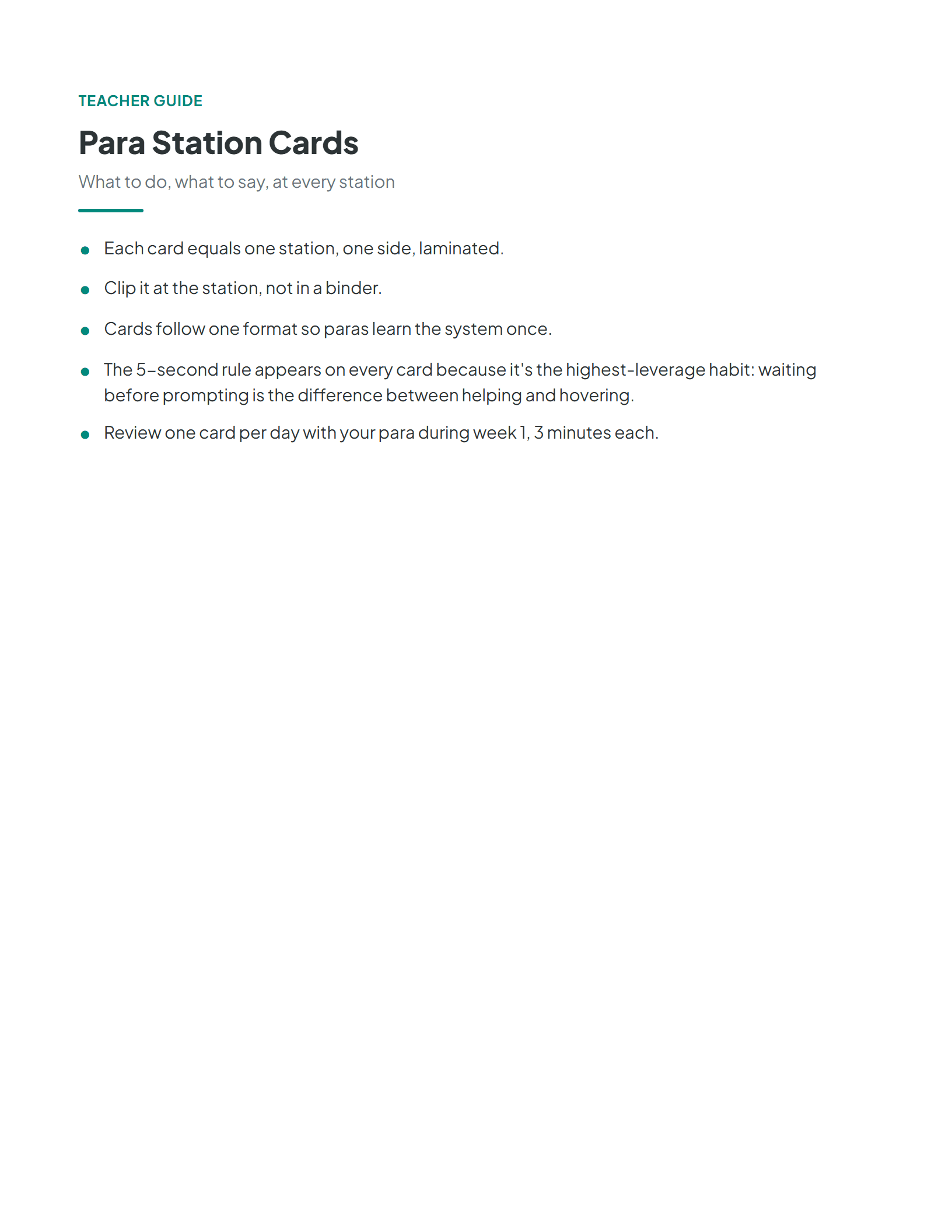 Overview of the twelve paraprofessional station cards