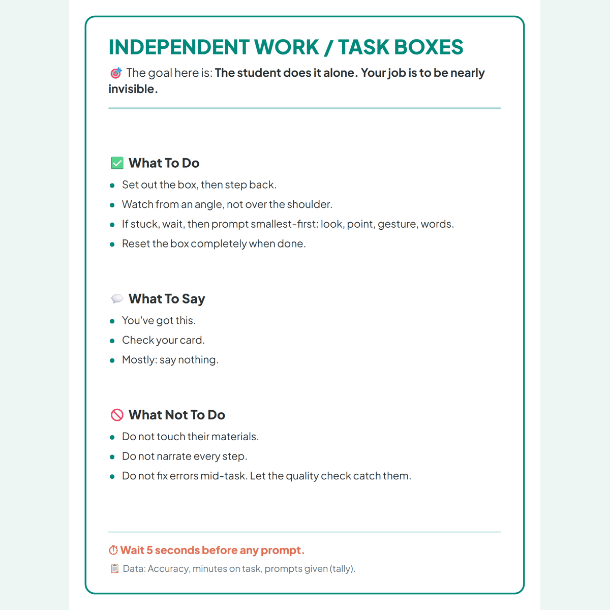 A sample station card showing what to do, what to say, and what not to do