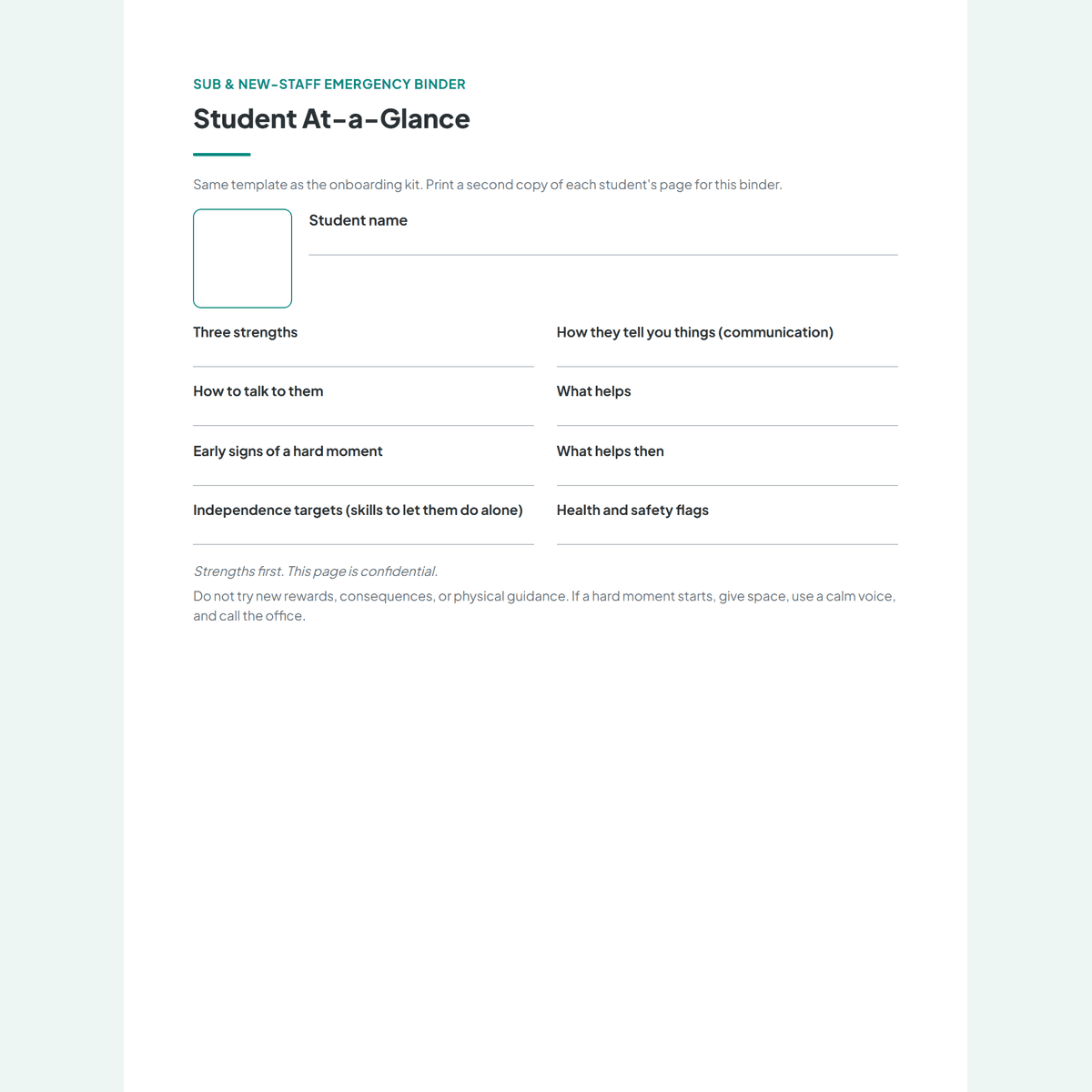 The student at-a-glance page with a substitute-specific footer