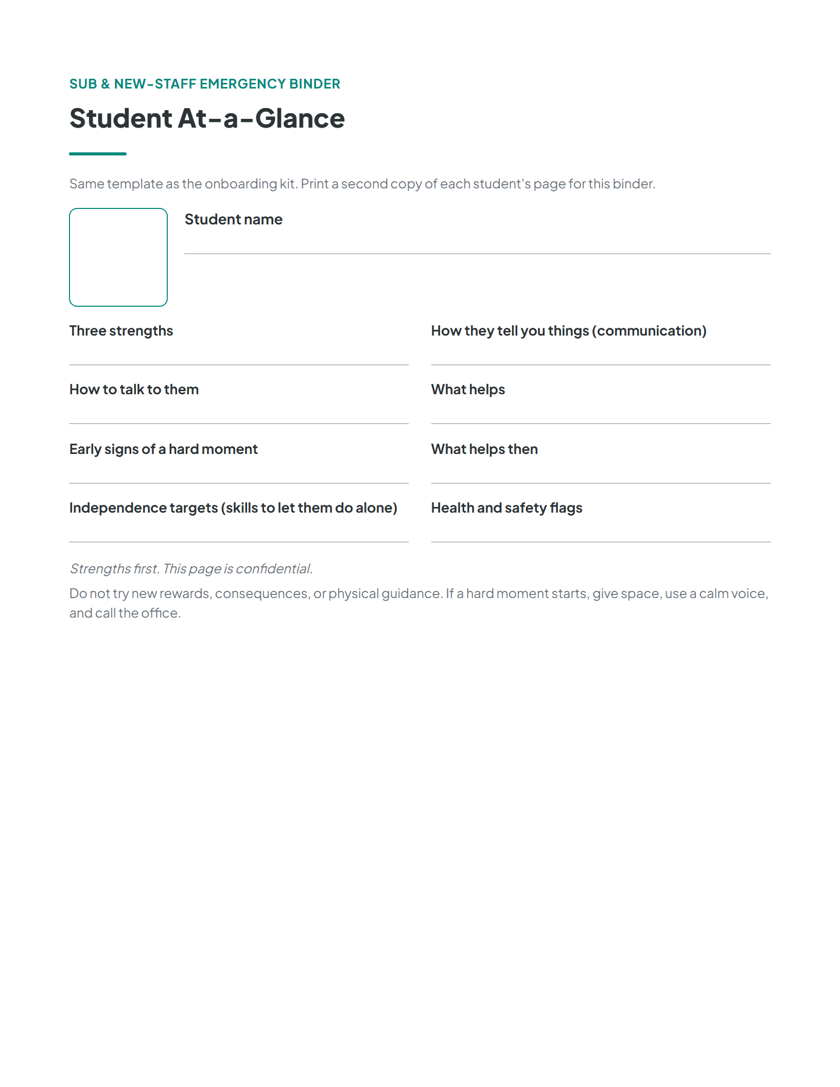 The student at-a-glance page with a substitute-specific footer