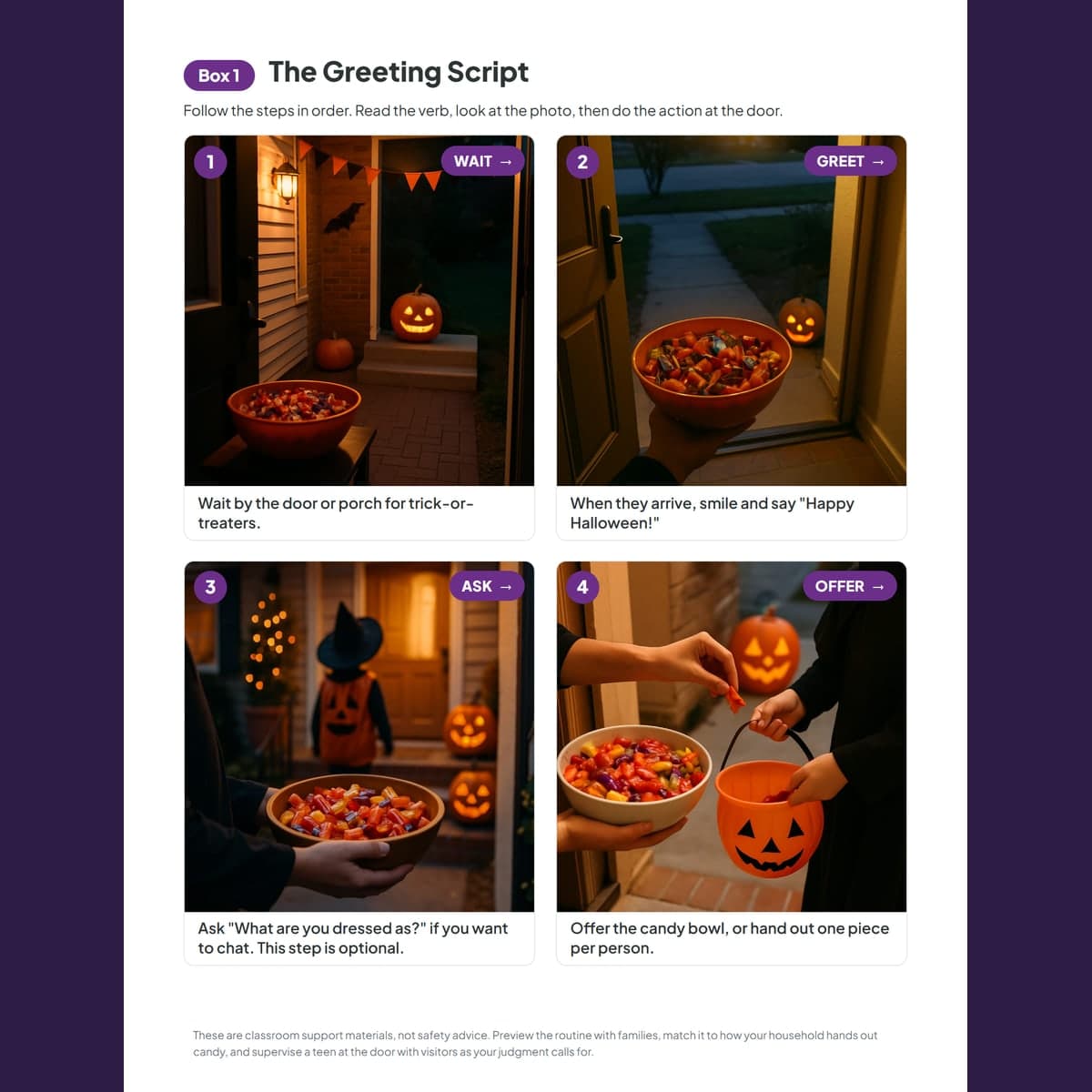The greeting script from the free sample, a photo and a step on each card