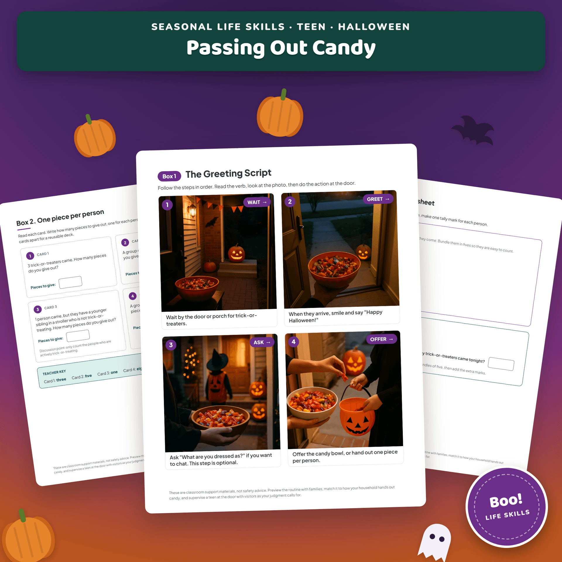 Passing Out Candy Job Skills Task Box cover, showing a candy bowl and a carved pumpkin on a table by a front door