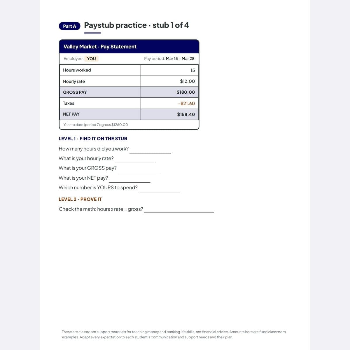 A paystub practice page: the rendered Valley Market pay statement with the five first-paycheck questions