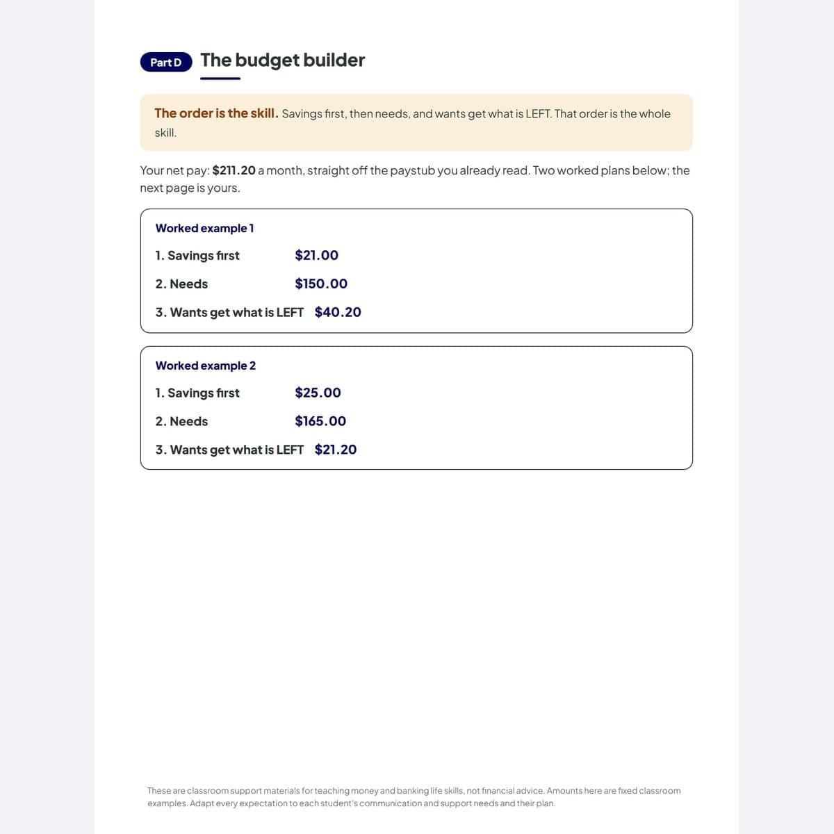 The budget builder: savings first, then needs, and wants get what is left, worked on the paystub's own net pay