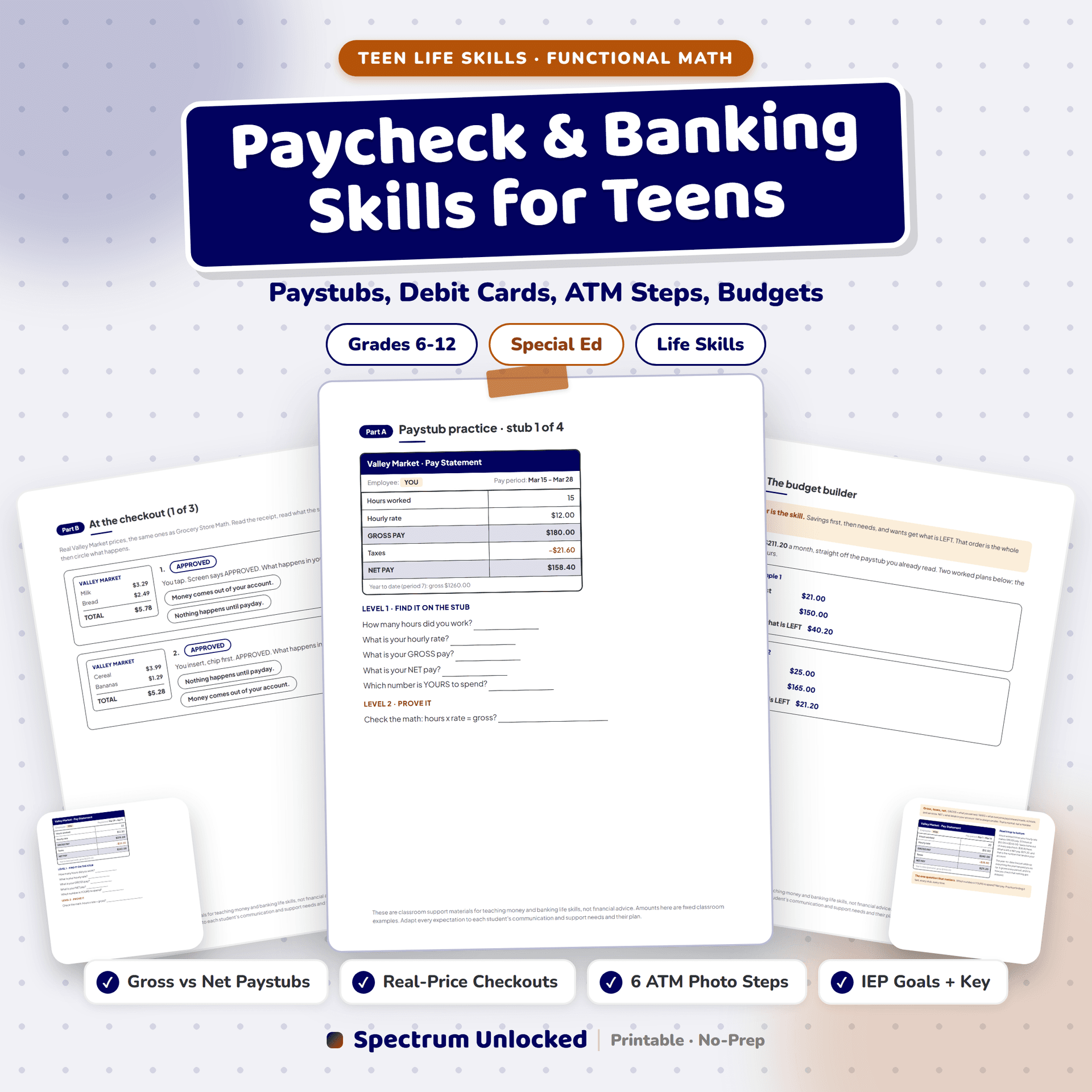 Paycheck and Banking Skills for Teens cover: rendered Valley Market paystub and fictional debit card